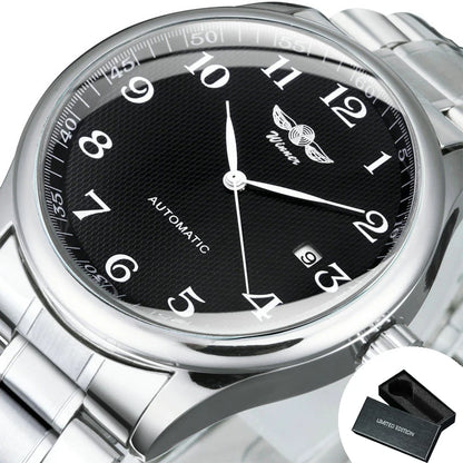 Relógio clássico para homem – Estilo retro com calendário e ponteiros azuis, movimento mecânico automático, marca de prestígio, caixa em aço e bracelete em pele