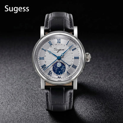 Sugess Watches for Men Automatic Mechanical Watch Moonphase Tianjin ST2108 Waterproof Date Hands Sapphire Crystal Rome Wave Dial