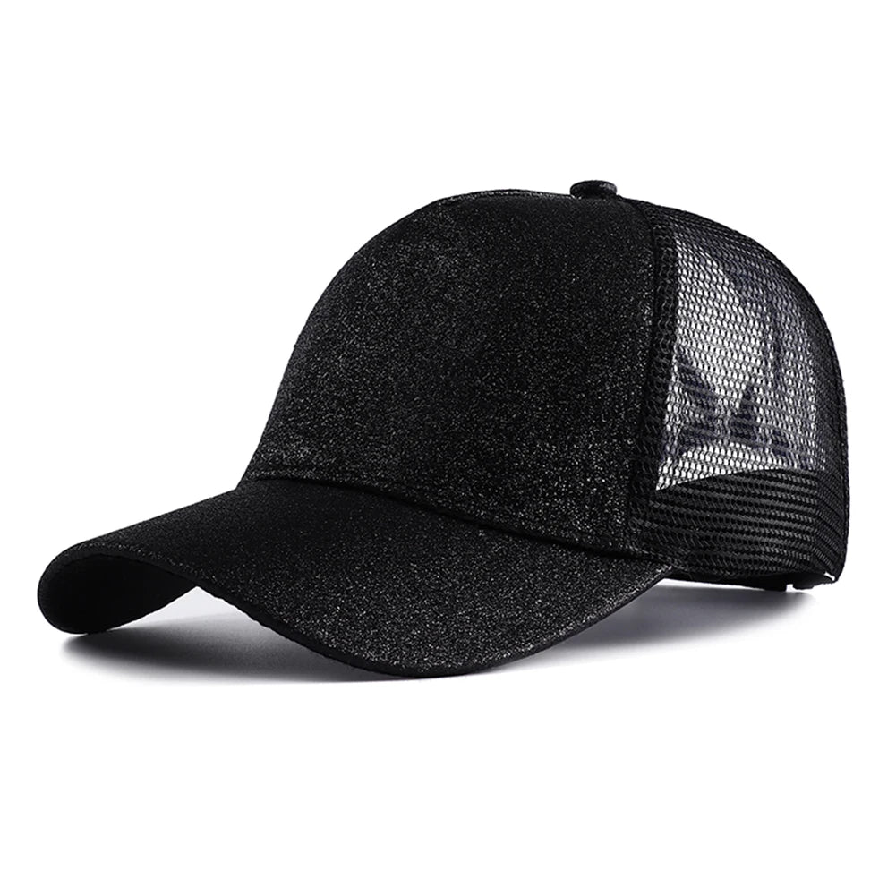 Letnia czapka z daszkiem z brokatem, z wysokim karkiem, damska czapka typu snapback, czapki typu trucker z siateczką w kolorach czarnym, białym i różowym dla kobiet Gorra
