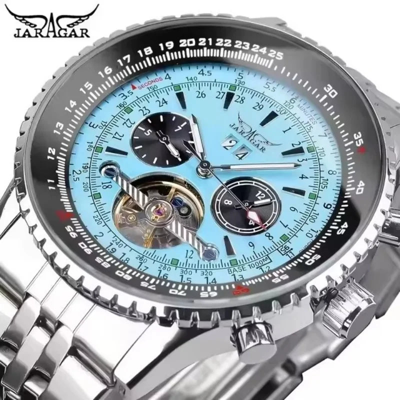 Relógio mecânico automático retro de luxo JARAGAR 034, turbilhão, esqueleto oco, aço inoxidável, calendário semanal, relógio para homem