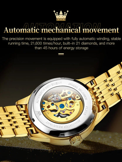 OLEVS Men's Watches Luxury Gold Skeleton Automatic Mechanical Wrist Watch for Man Waterproof Stainless Steel Luminous Business