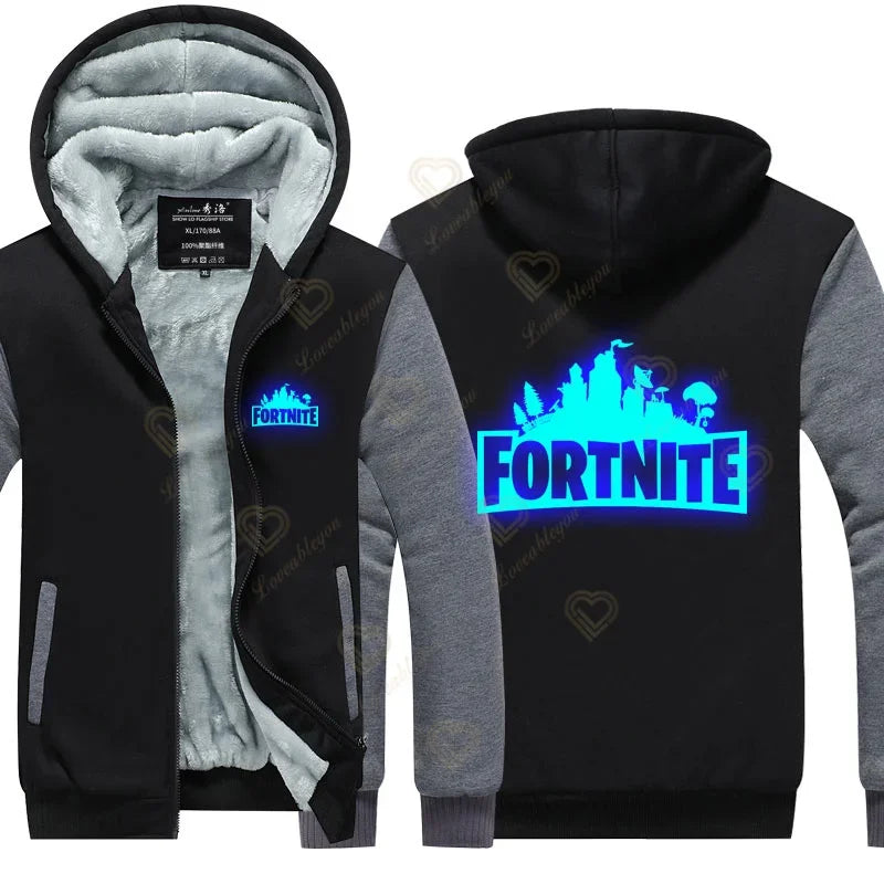 Sweat-shirts com capuz luminosos Fortnite de inverno, quentes, para homem e mulher, cosplay de jogo, em velo espesso, com fecho, casaco e sobretudo para casal