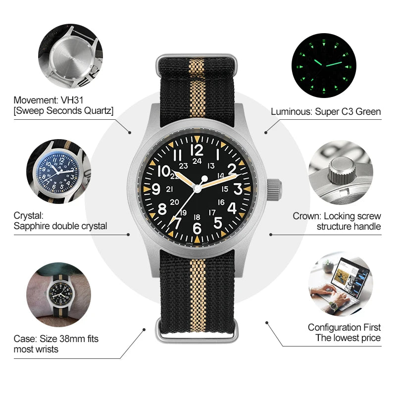 Militado ML05 38mm Vintage Watch VH31 Quartz Movement Field Watches Domed Sapphire Crystal With High Clear AR Coating Wristwatch