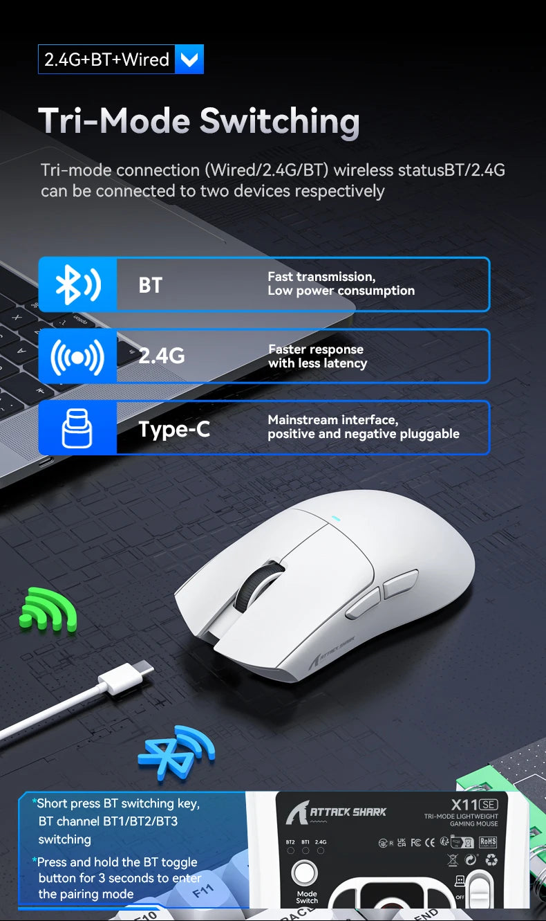ATTACK SHARK X11SE trådlös gamingmus, tri-mode, 63g superlätt med PAW3311-sensor, 22000 DPI, 300mAh batteri, dubbel drivrutin