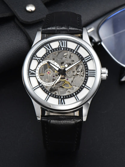 Relógio automático para homem, estilo de luxo, mostrador com algarismos romanos, mecanismo visível (esqueleto), resistente à água, ponteiros luminescentes, bracelete em pele – Uma escolha ideal para oferecer como presente.