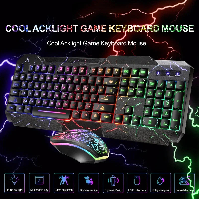 Combo tastiera e mouse da gaming cablati per computer desktop, tastiera retroilluminata LED effetto meccanico
