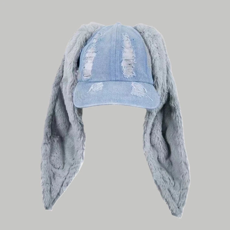 Celebrity-Inspired Niche Rabbit Ear Denim Ripped Baseball Cap Washed Graffiti Hip-Hop Sun Hat Trendy Cap