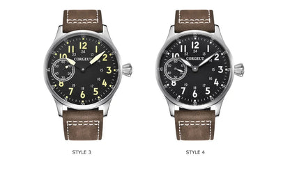 Corgeut 44mm Leather Luminous Mechanical Hand Winding Watch For Men 17 Jewels ST3600 Seagull 6497 Movement Sport Wristwatches