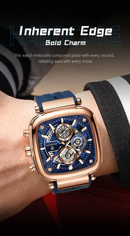 POEDAGAR Square Sport Man Wristwatch Date Waterproof Luminous Chronograph Watch For Men Silicone Strap Men's Quartz Watches Male