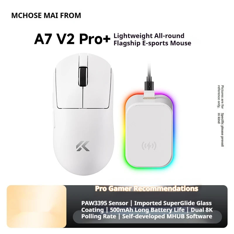 Ratón inalámbrico MCHOSE A7 V2 Ultra+ trimodo ligero Paw3950 Ti 42000dpi 500mah para PC, esports, portátil y gaming, accesorios para ratones