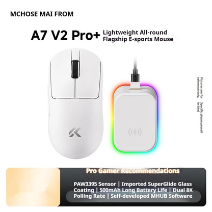 Ratón inalámbrico MCHOSE A7 V2 Ultra+ trimodo ligero Paw3950 Ti 42000dpi 500mah para PC, esports, portátil y gaming, accesorios para ratones