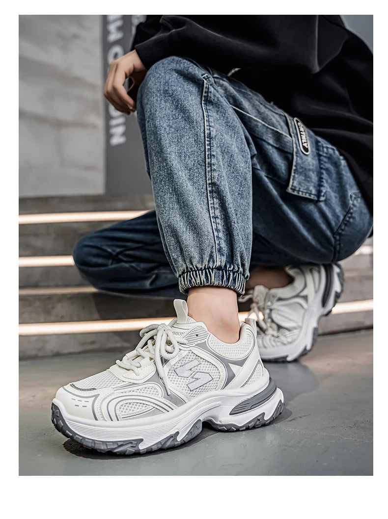 Unisex Trendy Chunky Dad Sneakers Silver Black Retro Couple Breathable Mesh Casual Platform Shoes