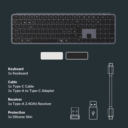 Tastiera wireless ultra-sottile Keychron B6 Pro layout ISO, formato completo, portatile e leggera, con connessioni 2.4GHz e Bluetooth