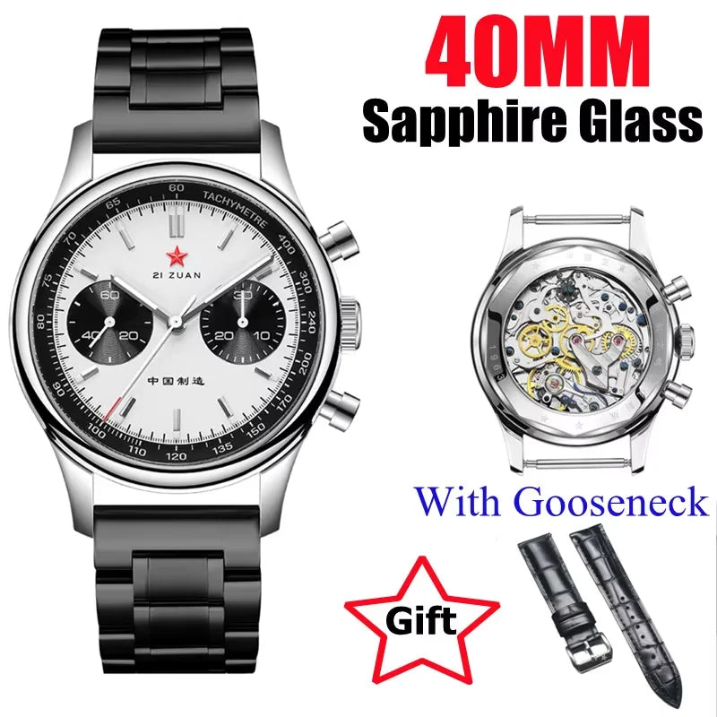 Red Star Panda Mens 1963 Chronograph Mechanical Wristwatch Seagull st1901 Movement Gooseneck 40mm Luminous Sapphire Pilot Watch