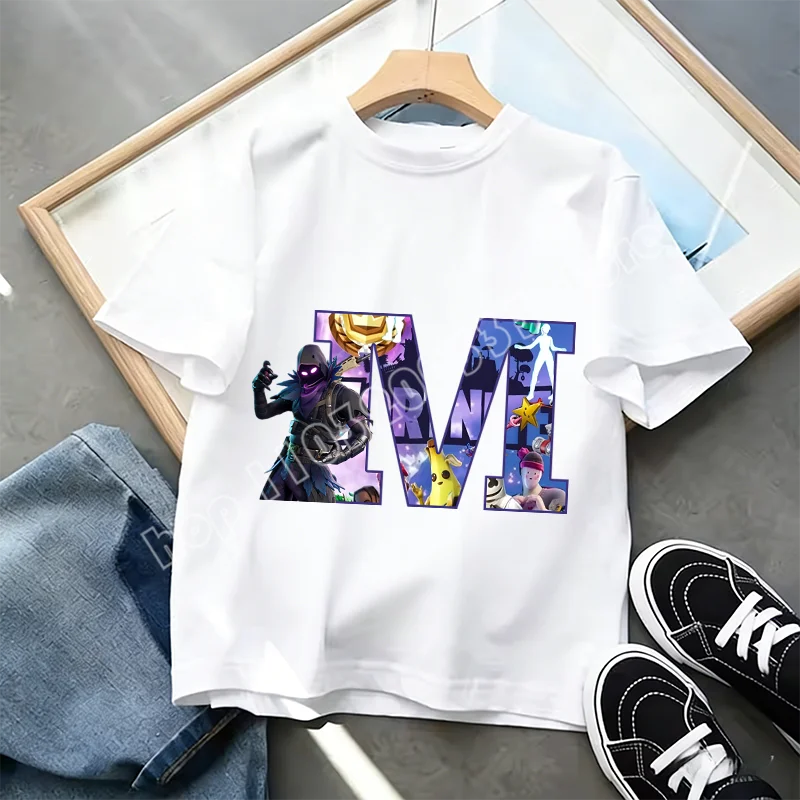 T-shirt Infantil Branco Fortnite com Estampado Alfabeto A-Z — Roupa de Verão, Jogo de Desenhos Animados Popular, Manga Curta Casual, Presente de Moda