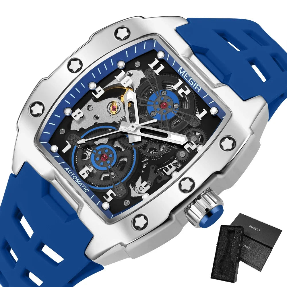MEGIR Fashion Sport Alloy Case Men Mechanics Watch Waterproof Silicone Band Barrel Shaped Dial Luminous Pointer Man Wristwatches