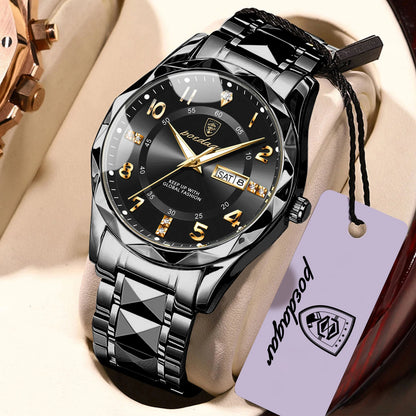 Мъжки часовник POEDAGAR Fashion Luxury, водоустойчив, със светещ циферблат, кварцов механизъм, каишка от неръждаема стомана, дата и ден от седмицата, неформален стил.