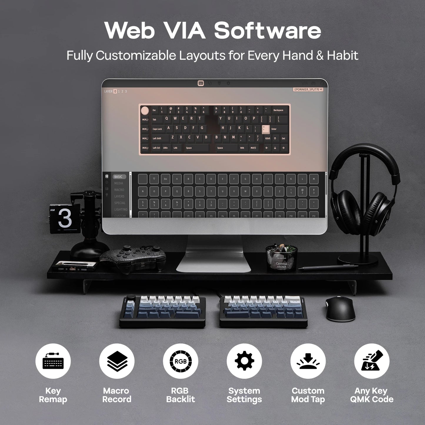 Tastiera meccanica EPOMAKER Split70 QMK/VIA 70% con layout split, connessione cablata/BT/2.4Ghz wireless, manopola programmabile e modificatori Mac