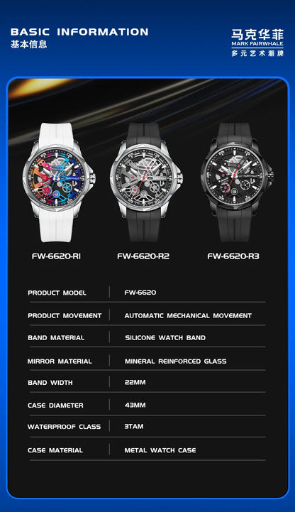 Brand Mark Fairwhale Sports Automatic Watch For Men Fashion Stainless Steel Rainbow Dial Mechanical Wristwatch Man Free Shipping