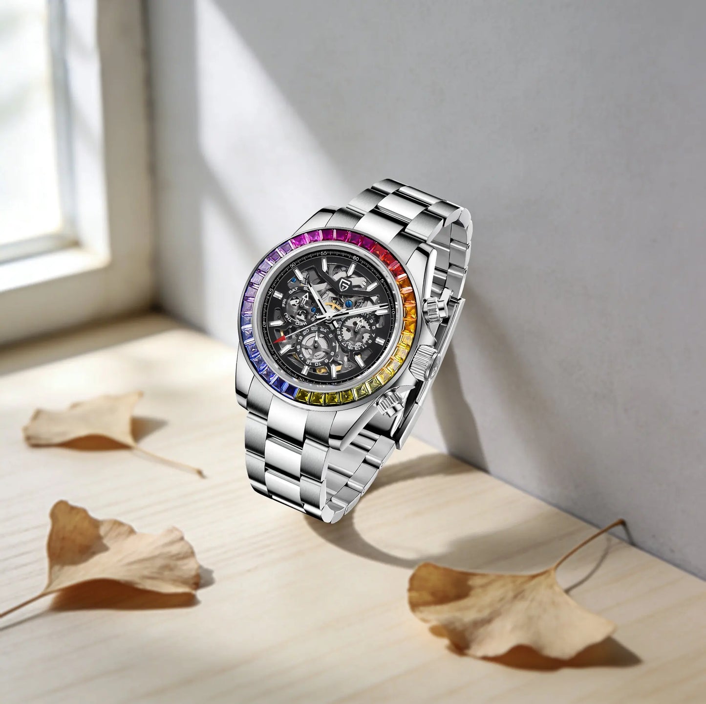 PAGANI DESIGN Personalized Men Automatic Mechanical Watch Colorful Gemstone Bezel Small Three-Pin Tachymeter Design Chronograph