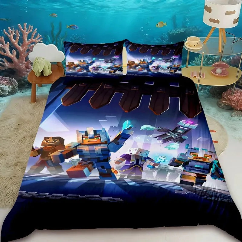 Funda nórdica infantil de dibujos animados Minecraft, juego de ropa de cama con funda de edredón, tamaños Queen, King y Full, con 1/2 fundas de almohada para dormitorio