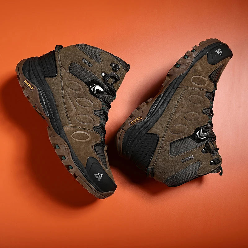 Botas de caminhada de cano alto HIKEUP para homem, calçado de inverno para exterior, com atacadores, antiderrapantes, desportivas casuais para trekking, impermeáveis, em camurça