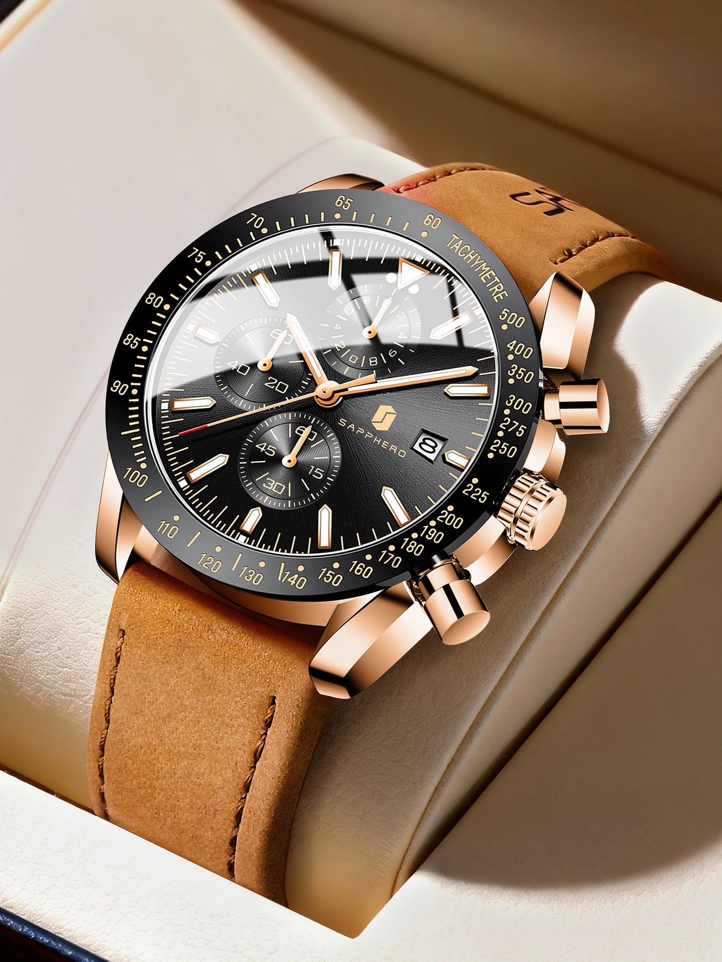 SAPPHERO Men Chronograph Watch High Precision Quartz Movement Blue Dial Date Display 50M Waterproof Luxury Sport Wristwatch Gift