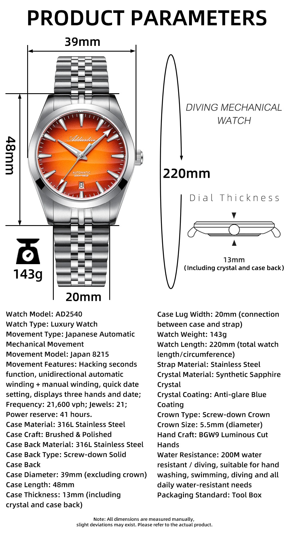 ADDIESDIVE NEW 39mm Men's Desert Texture Watch 200m Diver Sapphire Crystal AD2540 BGW9 Blue Luminous  Mechanical Automatic Watch