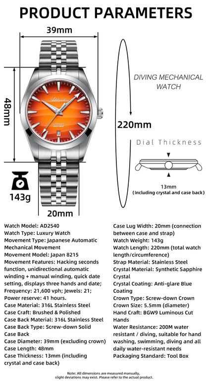 ADDIESDIVE NEW 39mm Men's Desert Texture Watch 200m Diver Sapphire Crystal AD2540 BGW9 Blue Luminous  Mechanical Automatic Watch