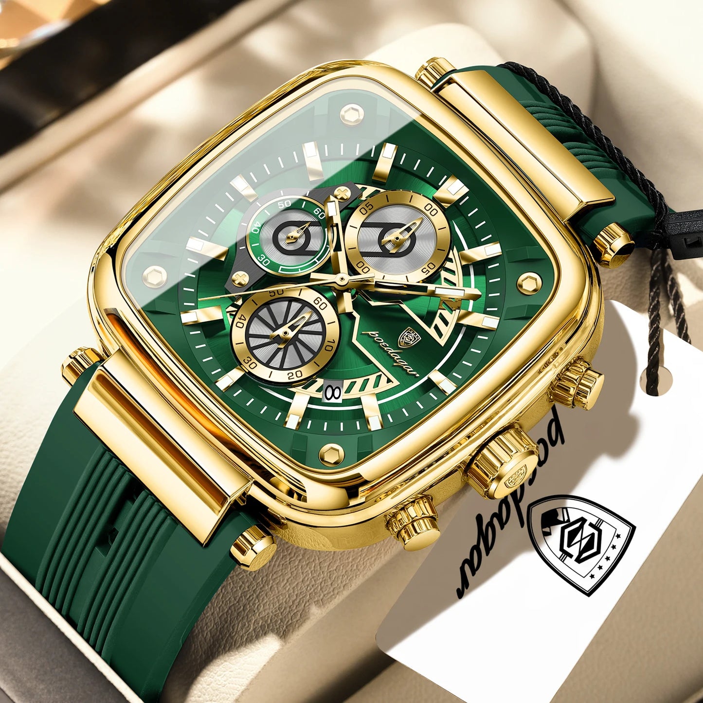 POEDAGAR Square Sport Man Wristwatch Date Waterproof Luminous Chronograph Watch For Men Silicone Strap Men's Quartz Watches Male