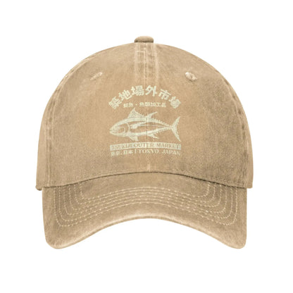 Japanense Tsukiji Fish Market Washed Tokyo Japan Baseball Cap Sun High Quality Washed Trucker Hat Female Male Snapback Cap
