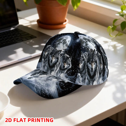 Boné de baseball clássico com estampado plano 2D de lobos sob a lua cheia, chapéu leve ajustável com pala estilo duckbill