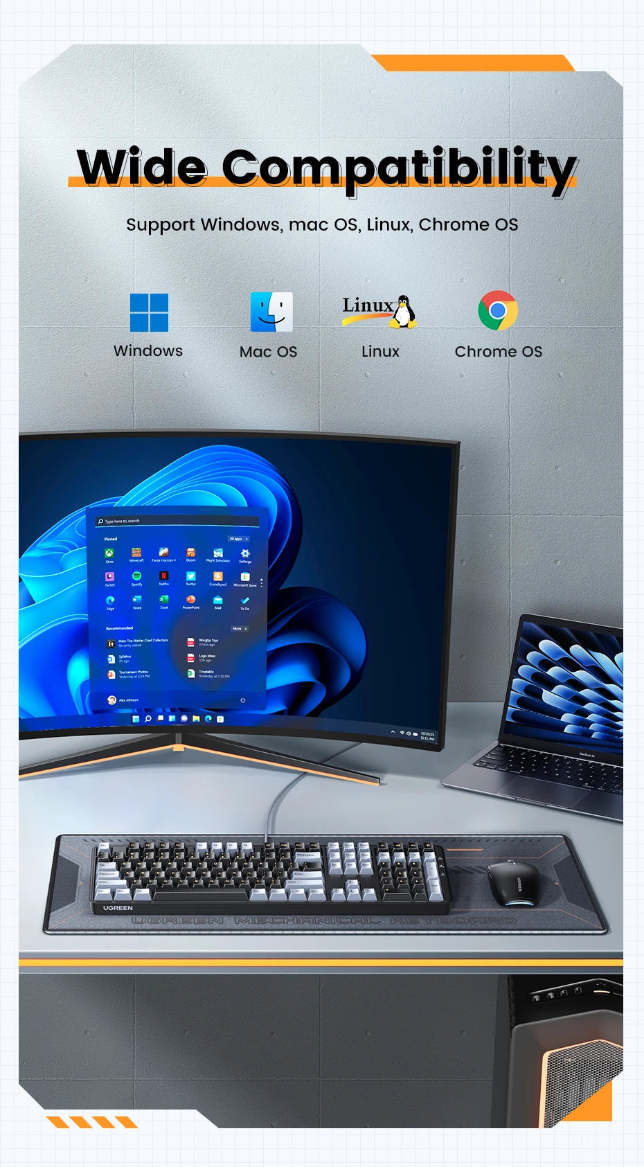 Tastiera meccanica UGREEN 108 tasti PBT, cablata, switch rossi, russo/coreano/EN, per desktop laptop Windows Mac OS Gaming