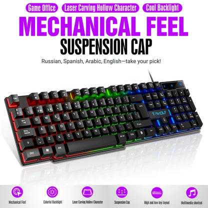 Tastiera gaming meccanica con retroilluminazione RGB, cablata USB, per ufficio e casa, tasti multimediali, layout russo, spagnolo, arabo e inglese