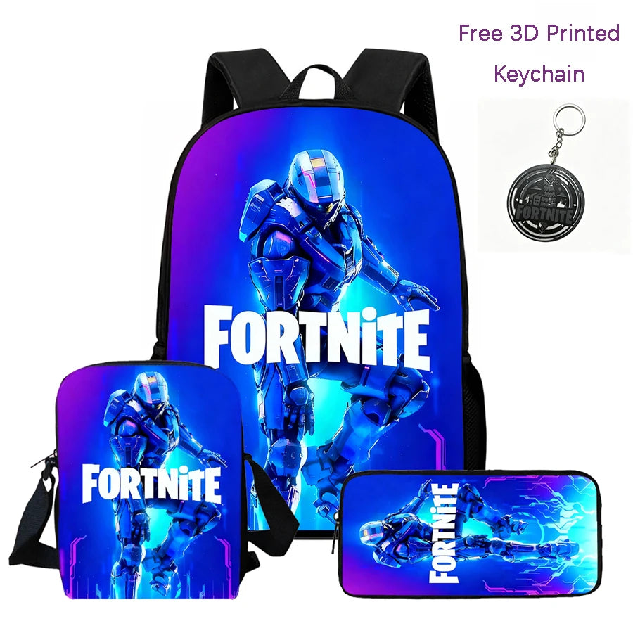 3Pcs Kids Backpack Set, Crossbody & Pencil Bag, FORTNITE Cartoon Bag, Lightweight for Boys Girls 6-10, Free 3D Printed Keychain