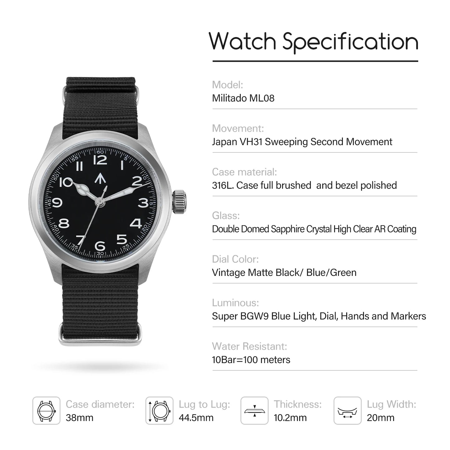 Militado ML08 Vintage Black Watch VH31 Sweep Quartz Wristwatch Ar Sapphire Crystal Luminous C3 BGW9 100 Waterproof Watches Man