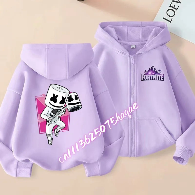 Casaco com capuz infantil Fortnite de outono, com fecho, estampado com personagem de jogo em estilo cartoon, casaco de inverno para criança, roupa para menino