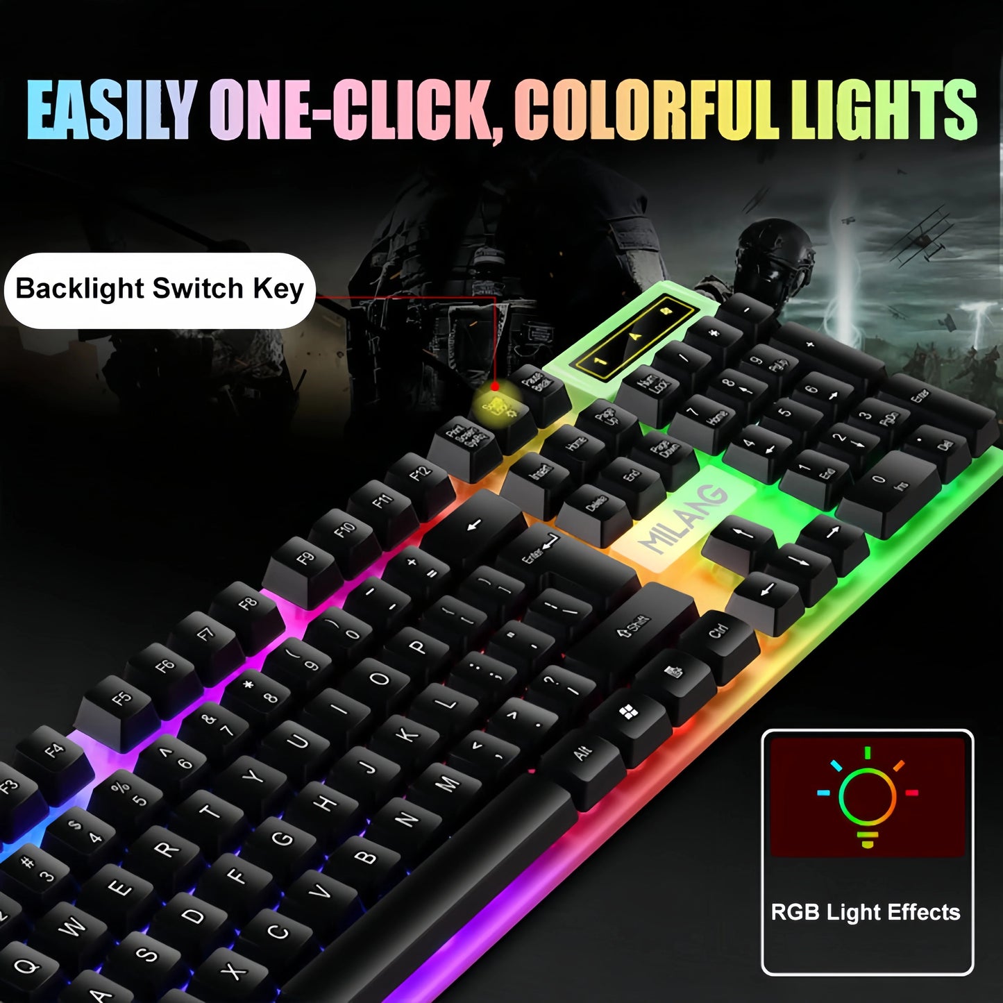 KEBIDUMEI Tastiera cablata USB RGB retroilluminata da gaming 104 tasti, tastiera standard a membrana per PC, laptop, Windows, iOS