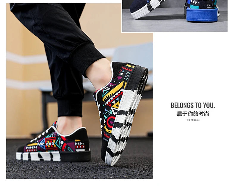 Zapatillas deportivas de running para hombre YRZL de lona con estilo geométrico, zapatillas con cordones para pareja, zapatos de skate para hombre con estampado grafiti moderno