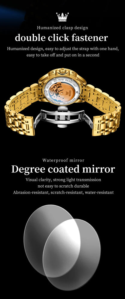 OELVS 7070 New Mens Watch Luxury Automatic Mechanical Watches For Man Moon Phase Waterproof Luminous Steel Watch Gift Box Reloj