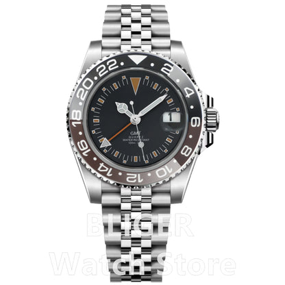 BLIGER 40mm 515 24H GMT Men's Watch Stainless Steel Clasp Luminous Quartz Movement Ceramic Bezel Sapphire Glass 10Bar Waterproof