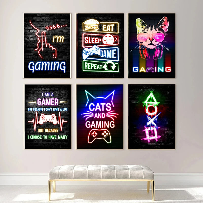 Póster Nordic Cat e Citações de Comando Gaming em Tela Moderna para Arte de Parede e Decoração Mural de Quarto Gamer para Rapazes e Raparigas (não néon)