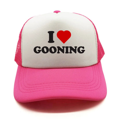 Juokingos „I Love Gooning“ beisbolo kepurės. Šaunios vasarinės vyriškos tinklinės kepurės. Humoro kupinos „Trucker“ stiliaus kepurės. Unisex lauko tinklinės kepurės MZ-080