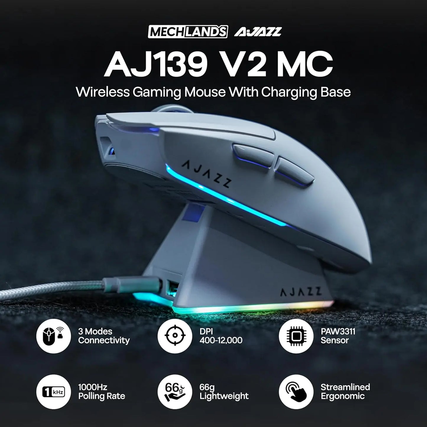 AJAZZ AJ139 V2 MC/AJ139 PRO draadloze gamingmuis met PAW3311/PAW3395-sensor, 12000DPI/26000DPI, 500mAh Bluetooth-gamermuis voor pc