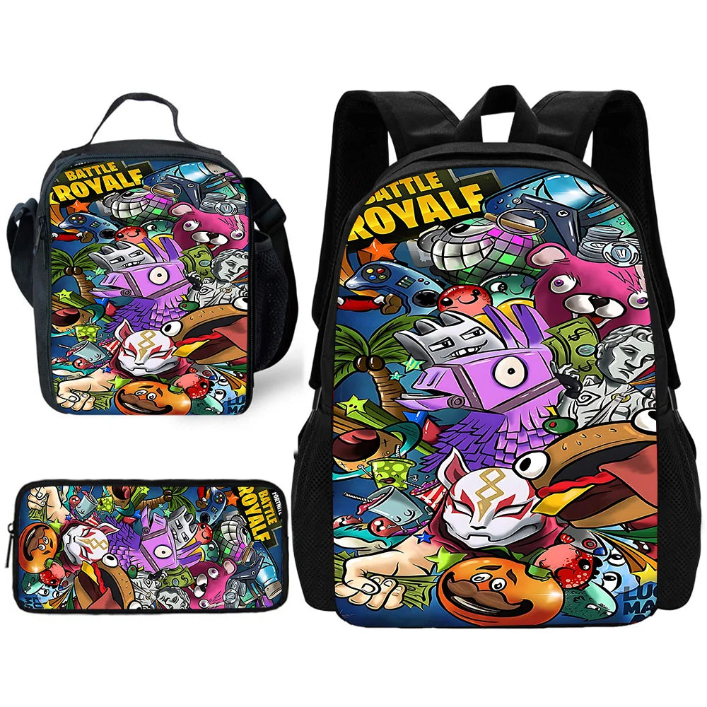 Mochila Escolar Infantil Hot Game com Lancheiras, Design-F-FortniteS, Estojos para Lápis, Mochilas Escolares para Rapazes e Raparigas, Melhor Presente
