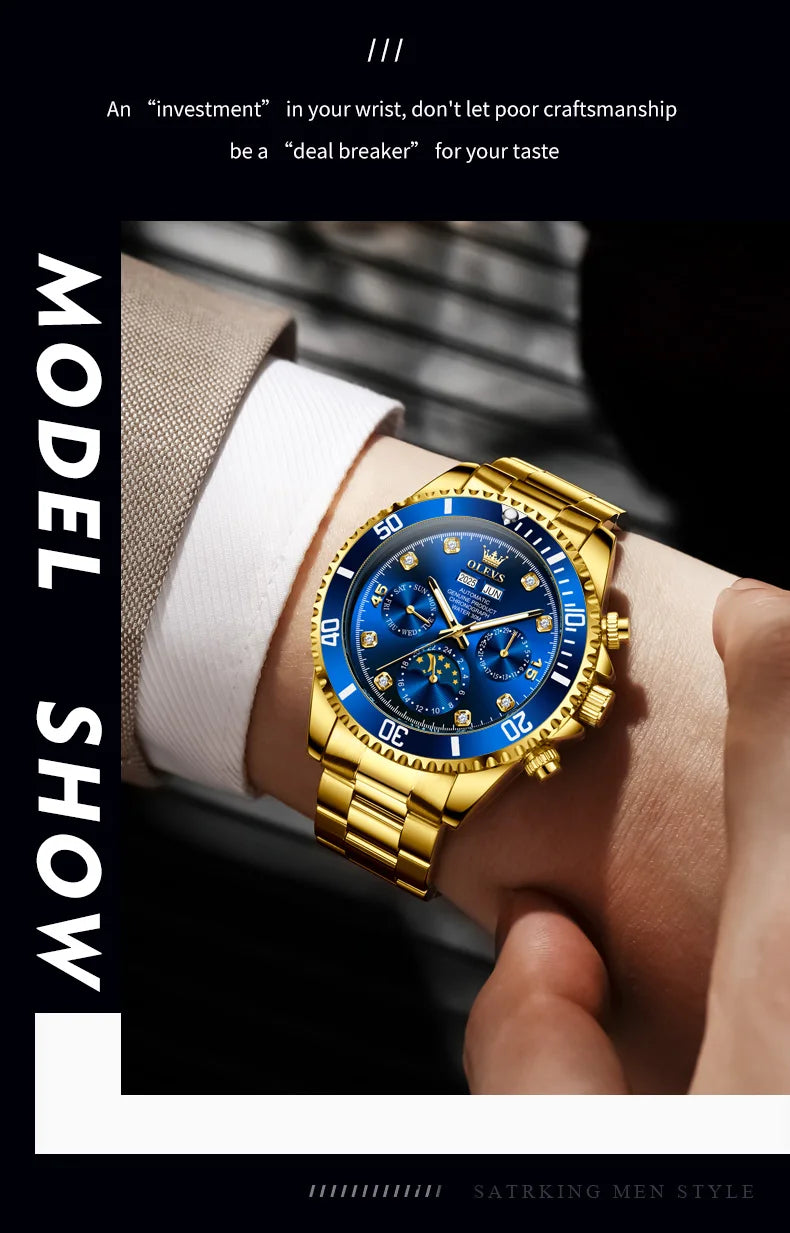 OLEVS 6729 Original Men's Watches Stainless Steel Waterproof Luminous Date Week Moon Phase Automatic Mechanical Watches for Man