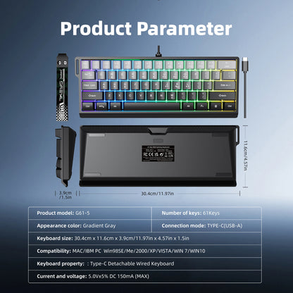60% kompakte kabelgebundene Tastatur mit RGB-Hintergrundbeleuchtung und Keycaps mit Farbverlauf, geeignet für Windows-Tablets, Laptops und Gamer.