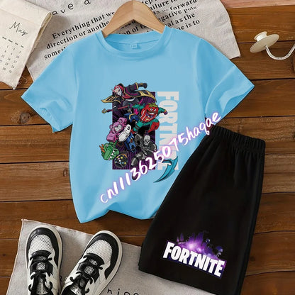 Sommer-Fortnite-T-Shirt und Shorts für Jungen und Mädchen, 2-teiliges Kinder-Set mit Oberteil und Hose, Fortress-Night-Print, Geschenk