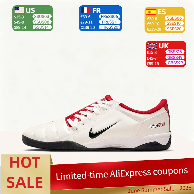 „Nike Total 90 III“ – stilingi, minimalistiniai, patogūs, puikiai priglundantys, neslystantys, patvarūs žemi futbolo bateliai (unisex, balti) HQ2851-100