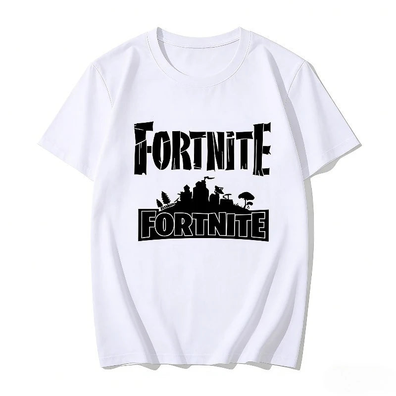 T-shirt infantil branco de algodão com estampado cartoon do tema Fortnite, manga curta, verão, jogo popular